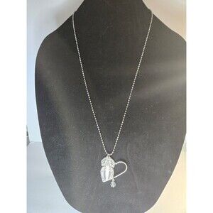 Silver Tone Necklace with Large Heart Pendant and Clear Bead